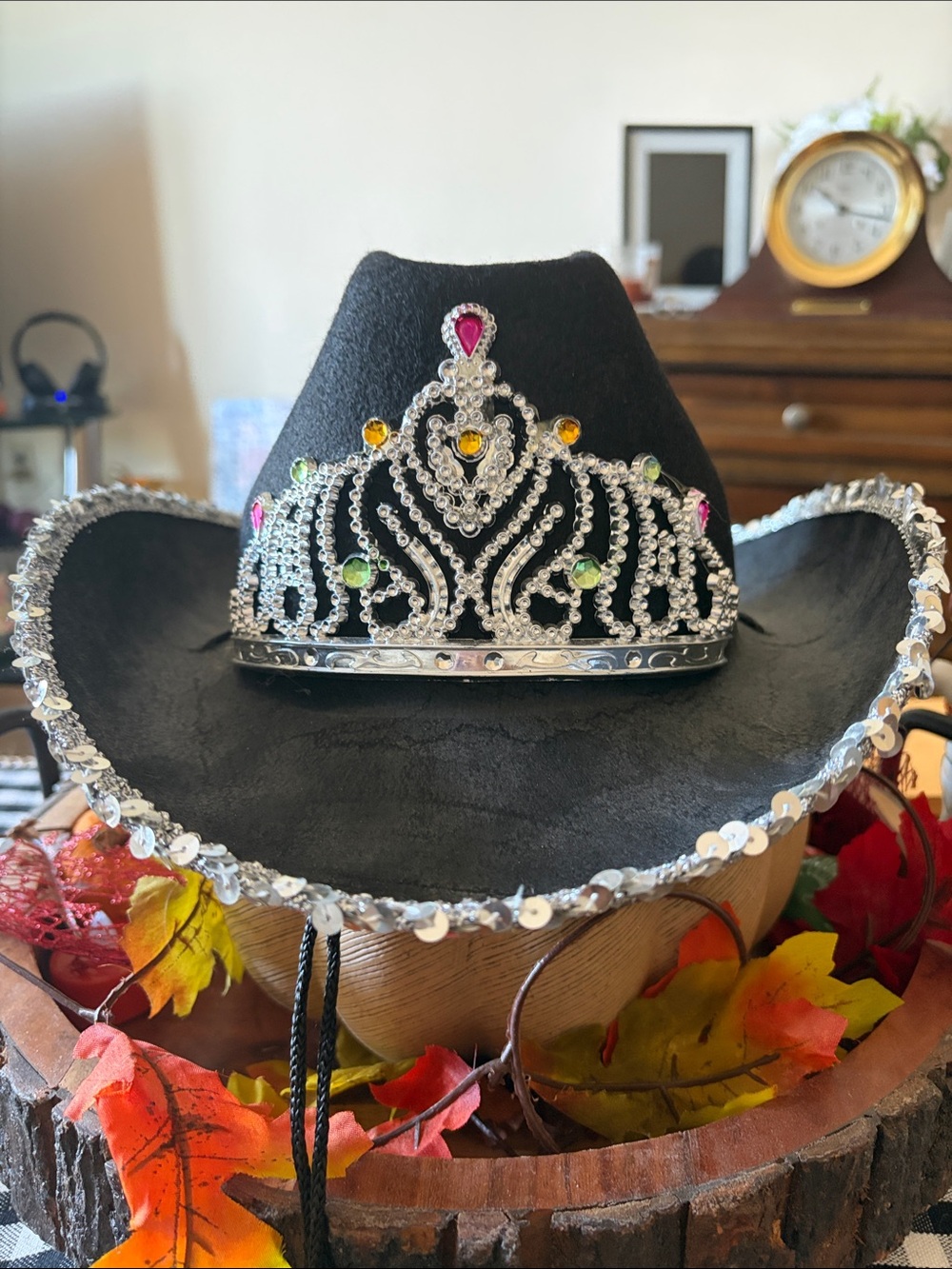 Black Jeweled Cowgirl Hat with Multicolor Rhinestone Tiara